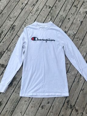 Champion White Long Sleeve Logo Shirt with Red & Navy Accent